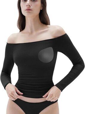 Women's Black Off-Shoulder Long Sleeve Ribbed Top - Versatile Fitted Bodysuit XL